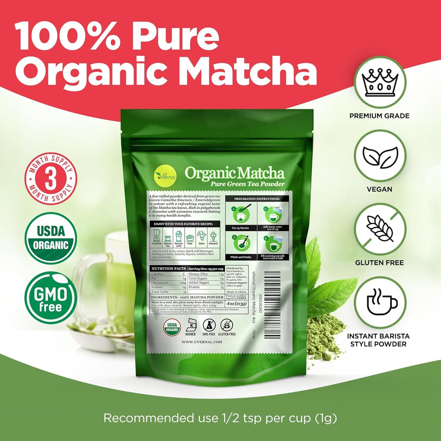 Organic Matcha Green Tea Powder 100% Pure Matcha 4oz